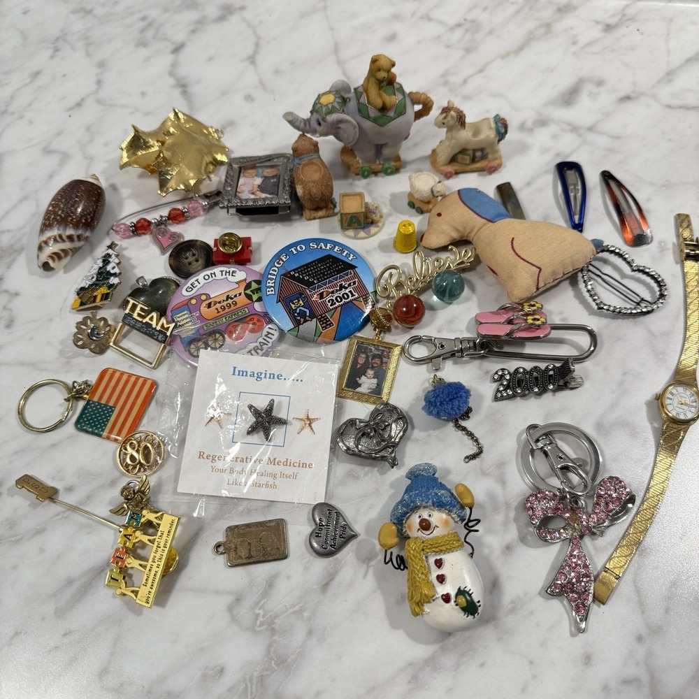43 pc Grandma's Junk Drawer Lot Collectible Toys Watch Pin Keychain Miniatures